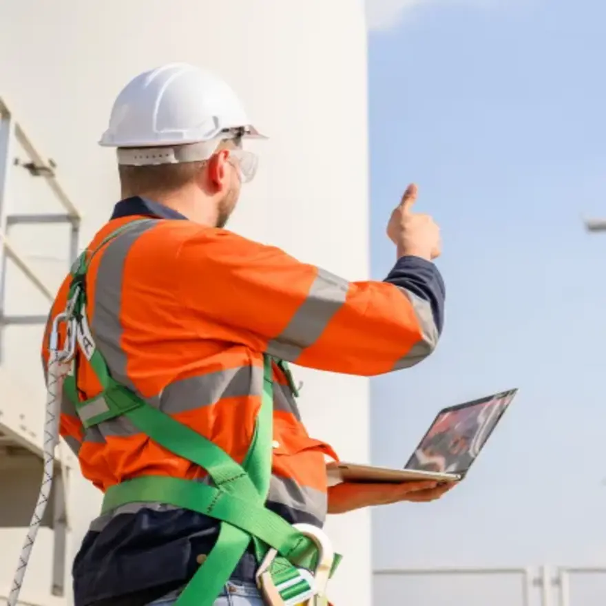 Un homme portant un gilet de sécurité orange et un casque, tenant un ordinateur portable dans un environnement de travail